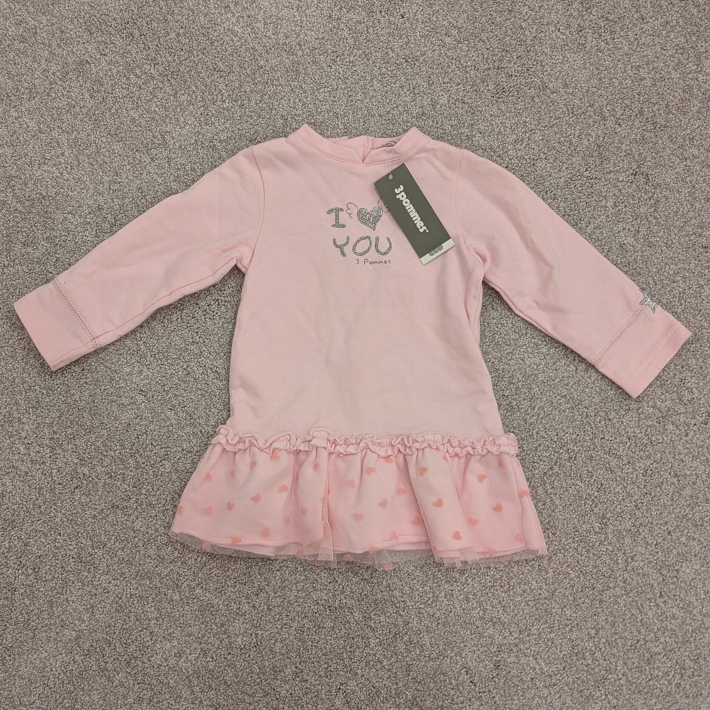 NWT 3 Pommes Pink Long Sleeve "I 🩷 You"  Baby Girls Dress